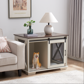 Farm kennel Flat noodles furniture with sliding barn door, farm wooden kennel end table, dog house with removable partition - V.I.P Digital Presence