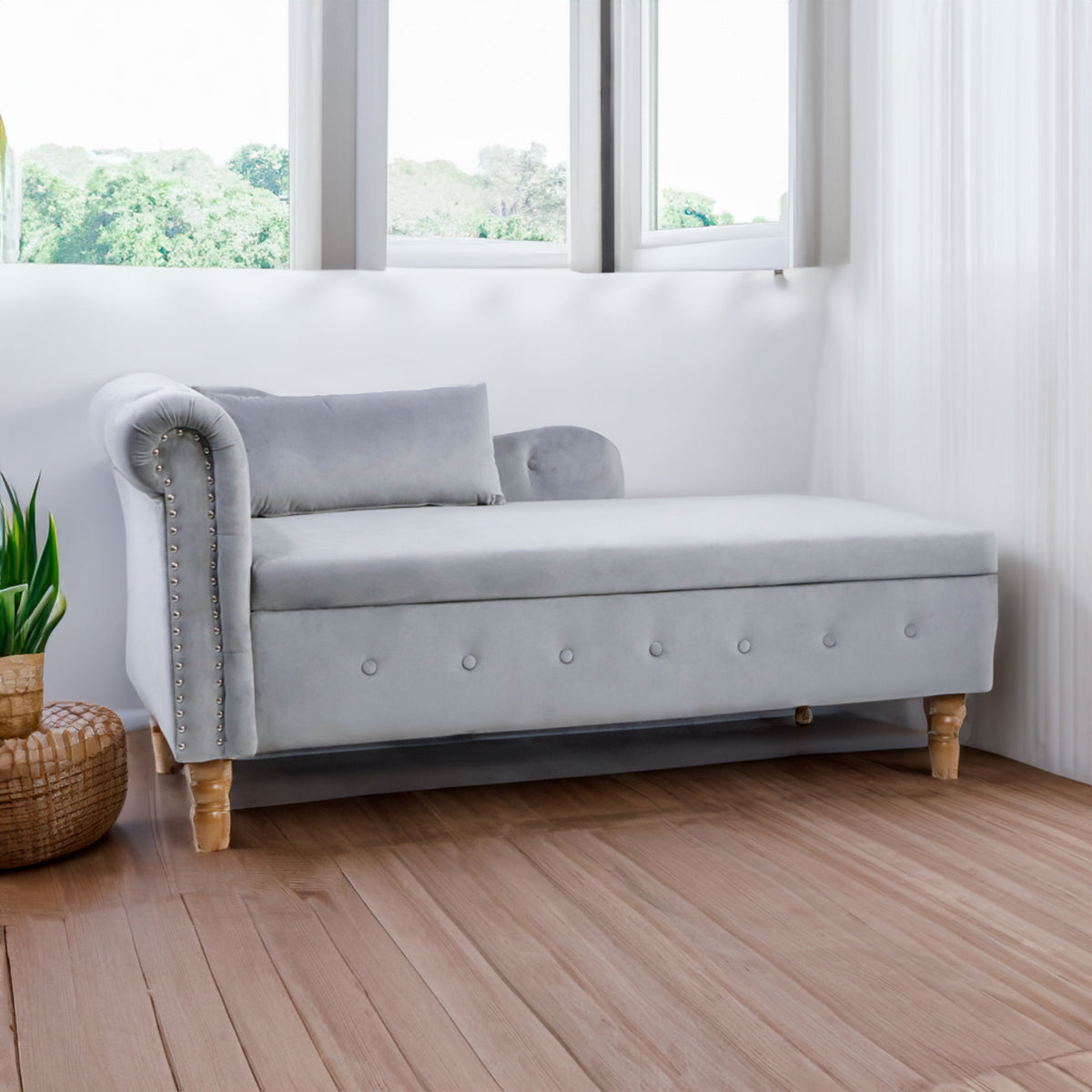 Grey Chaise Lounge Indoor Velvet Lounge Chair for Bedroom with Storage & Pillow Modern Upholstered Rolled Arm Chase Lounge - V.I.P Digital Presence