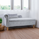 Grey Chaise Lounge Indoor Velvet Lounge Chair for Bedroom with Storage & Pillow Modern Upholstered Rolled Arm Chase Lounge - V.I.P Digital Presence