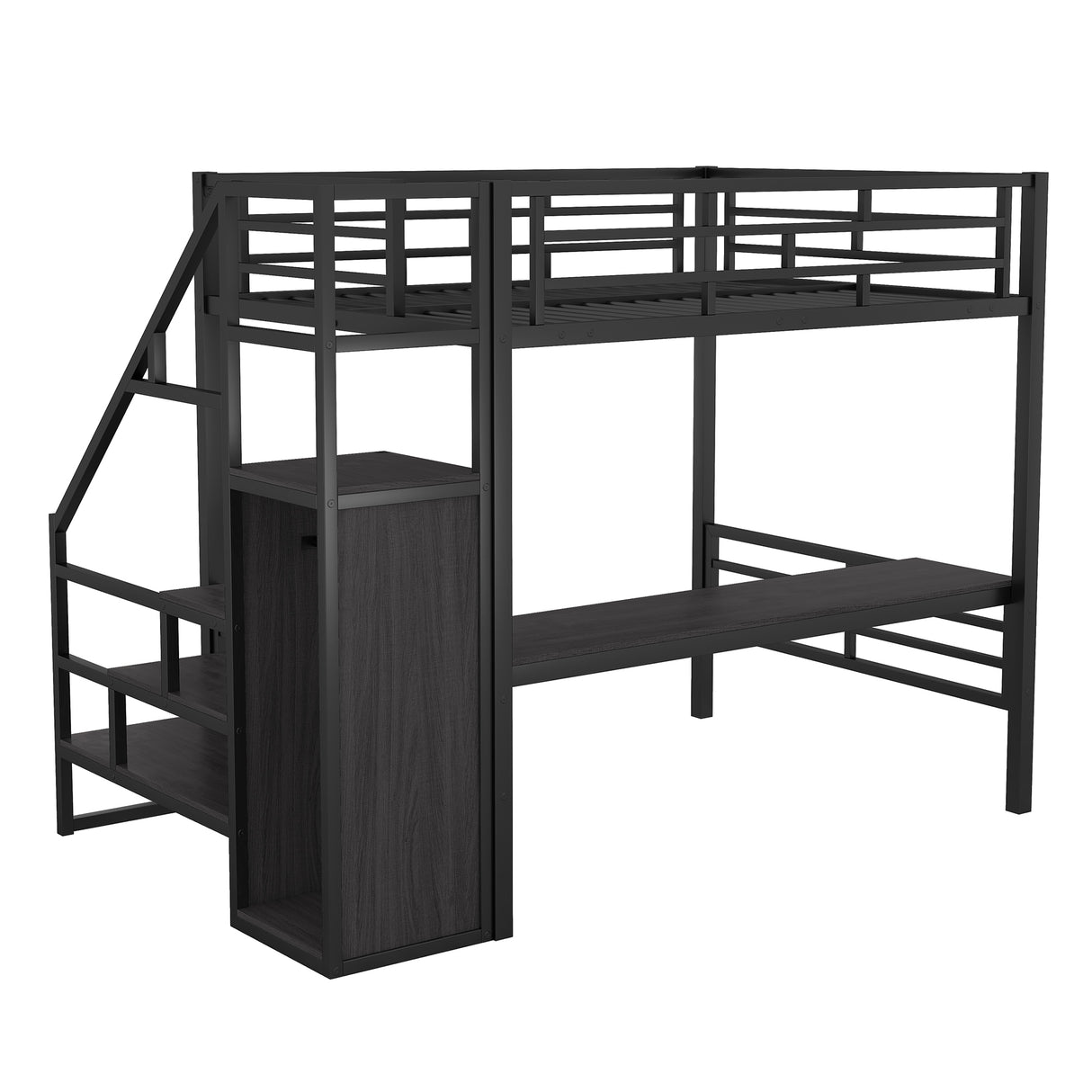 Full Size Metal Loft Bed with Desk, Storage Staircase and Small Wardrobe, Storage stairs can be installed left and right,Black - V.I.P Digital Presence