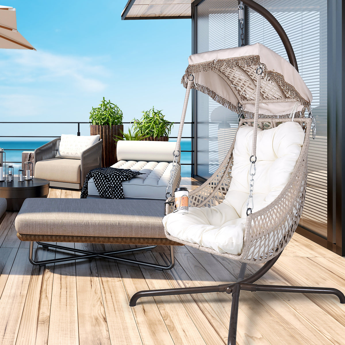 Swing Egg Chair with Stand Indoor Outdoor Wicker Rattan Frame 350lbs Capacity Hammock Chair for Patio Bedroom with Sunshade Clot - V.I.P Digital Presence