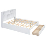 Queen Size Platform Bed with Storage Headboard and 2 Drawers, White - V.I.P Digital Presence