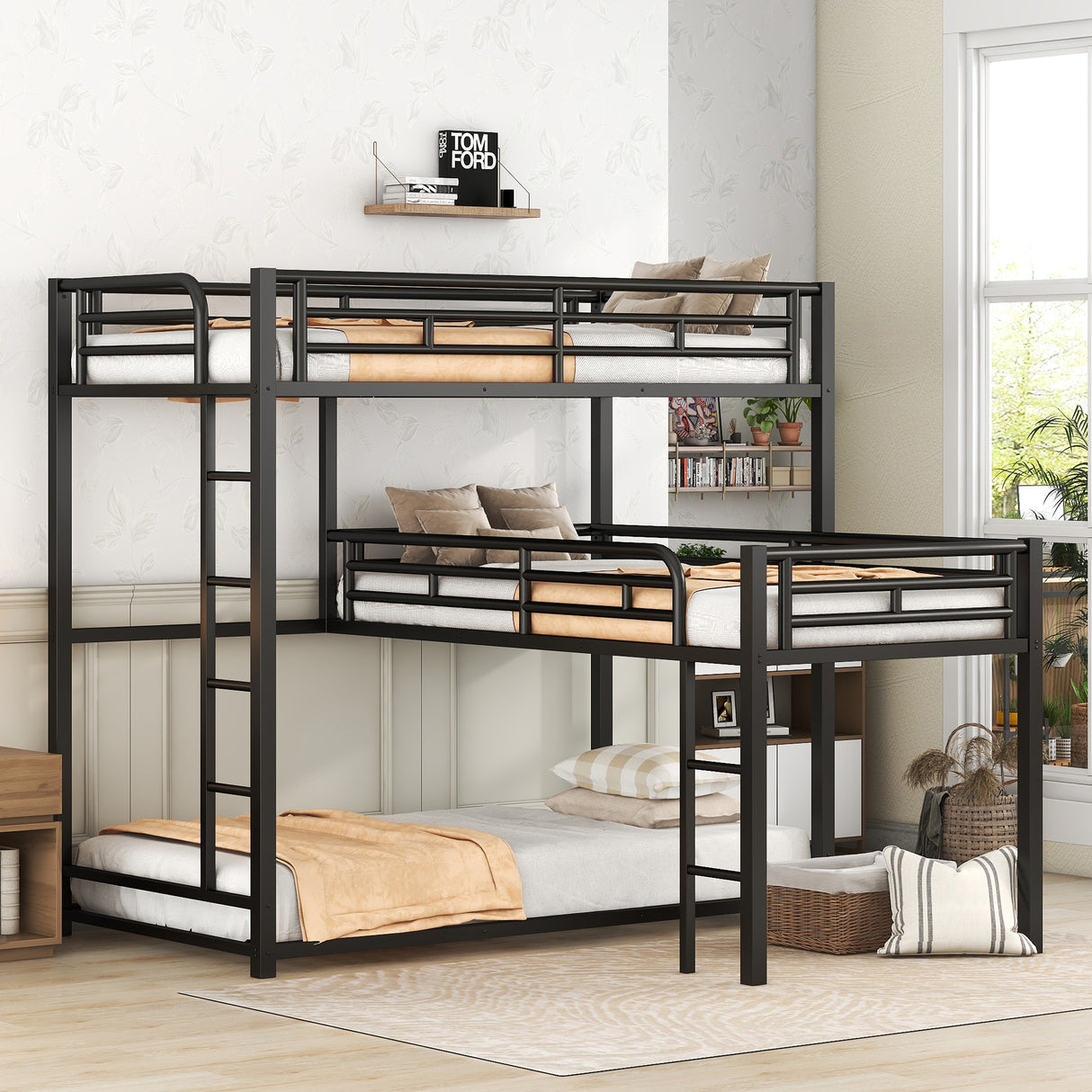 L-shaped Metal Triple Twin Size Bunk Bed, Black - V.I.P Digital Presence