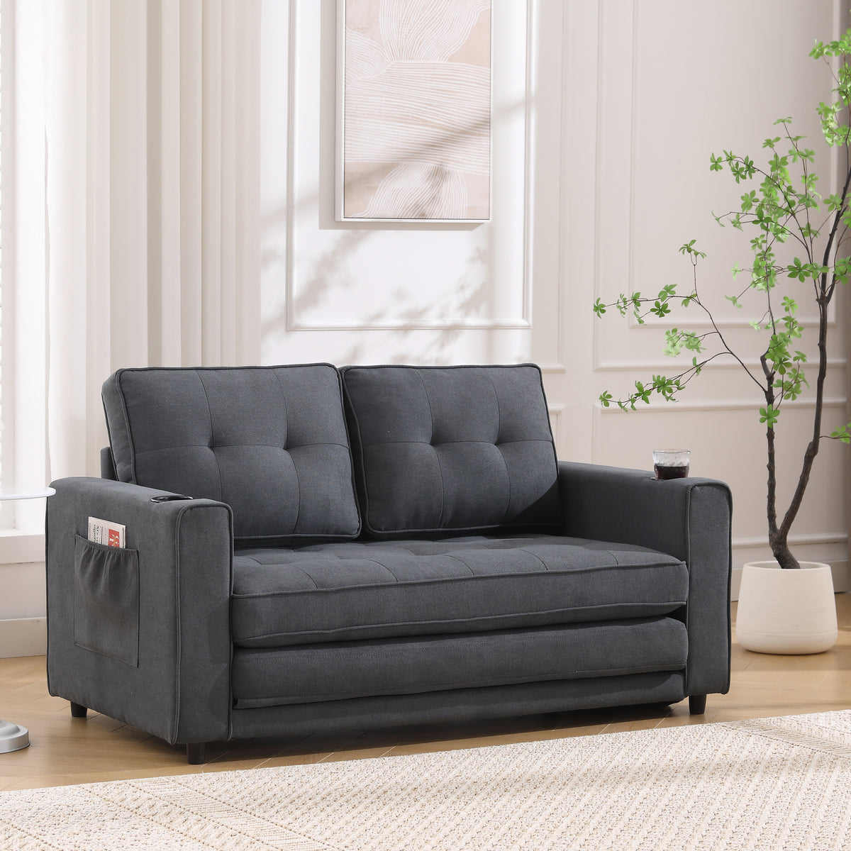 Three in one soft cushion cushion cushion sofa, folding mattress sofa bed, with side pockets and cup holder, dark gray - V.I.P Digital Presence