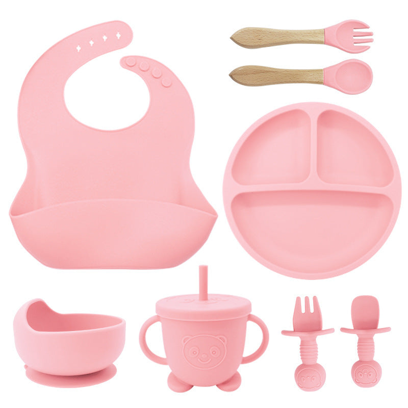 8PCS Mother and baby silicone bibs, silicone dinner plates, eight-piece set, baby food training suction cup bowl, baby divided tableware set - V.I.P Digital Presence