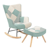 Rocking Chair with ottoman, Mid Century Fabric Rocker Chair with Wood Legs and Patchwork Linen for Livingroom Bedroom - V.I.P Digital Presence