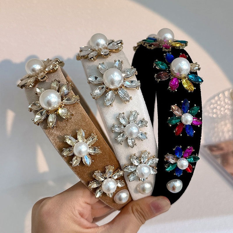 Baroque Large Pearl Flower Set with Colorful Diamonds Fashion Hair Hoop - V.I.P Digital Presence