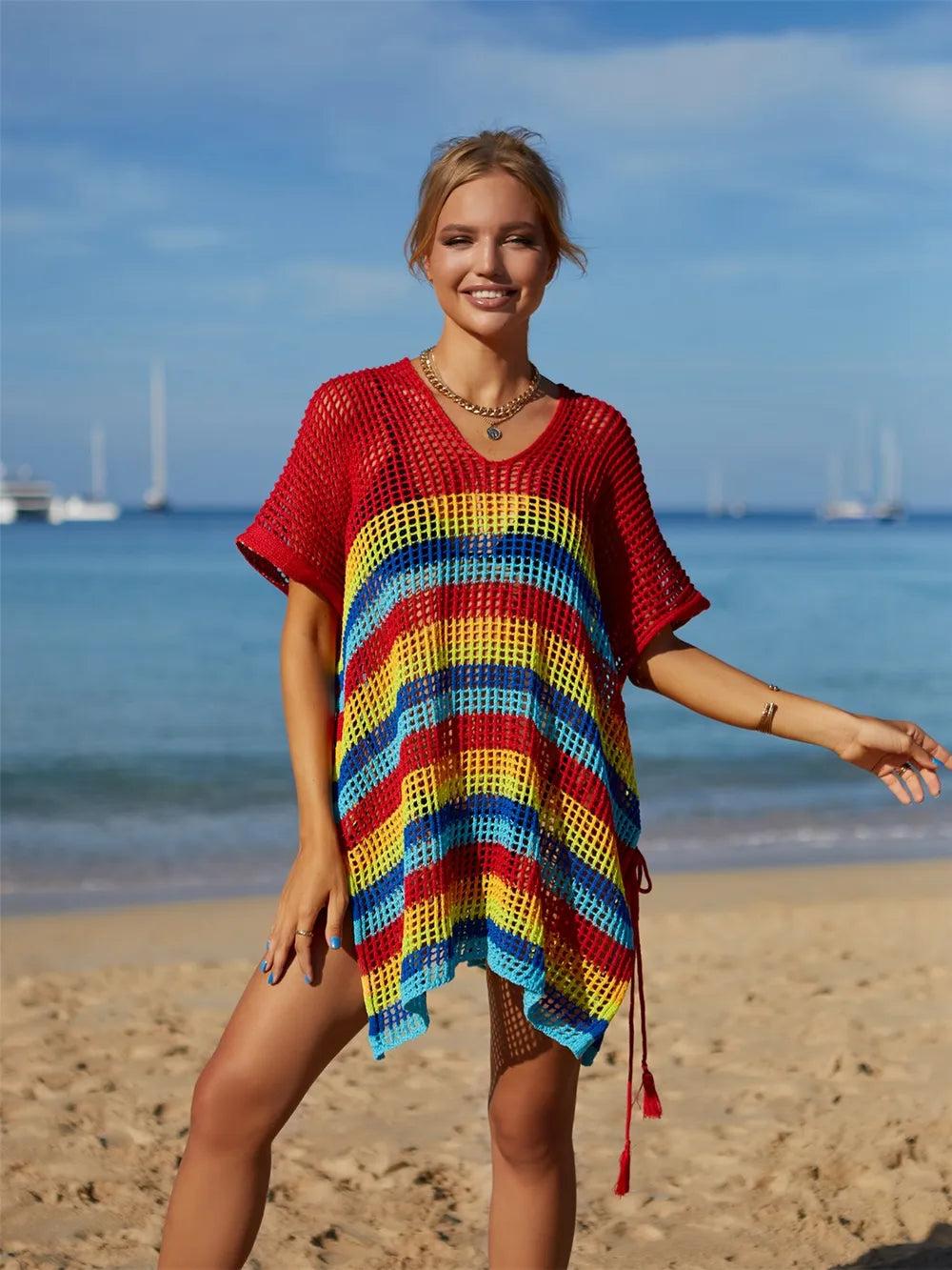 Cutout Striped Cover-Up with Tassel - V.I.P Digital Presence