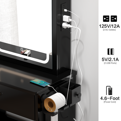 Left drawer desktop vanity+cushioned stool, 2 AC+2 USB power stations, touch sliding LED mirror, tri color switch - V.I.P Digital Presence