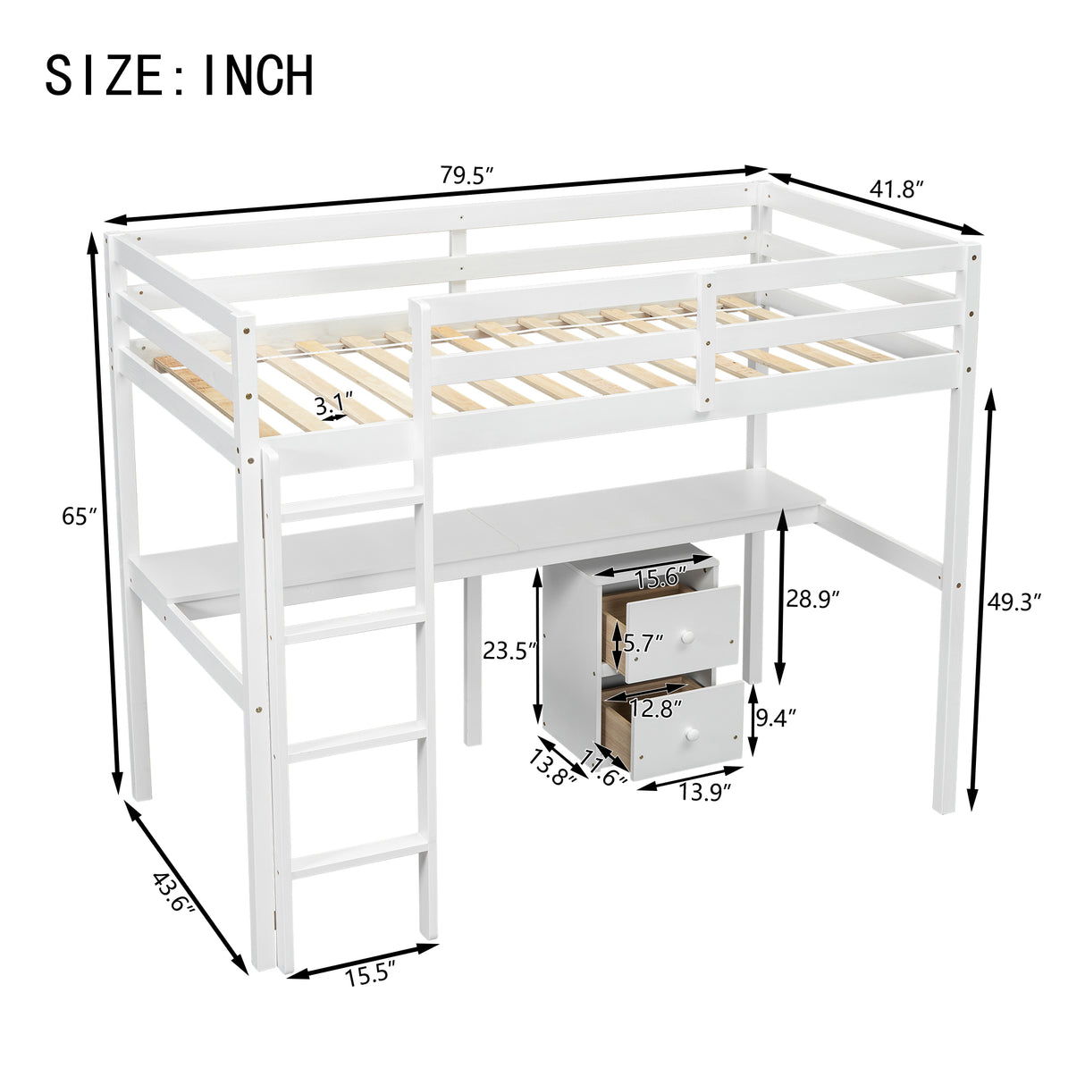 Twin Loft Wood Bed with Under-bed, Built-in Desk, a Storage Cabinet of 2 Drawers, Guardrails, Ladder,White - V.I.P Digital Presence