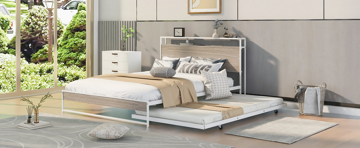 Queen Size Metal Platform Bed Frame with Trundle, USB Ports and Slat Support ,No Box Spring Needed White - V.I.P Digital Presence