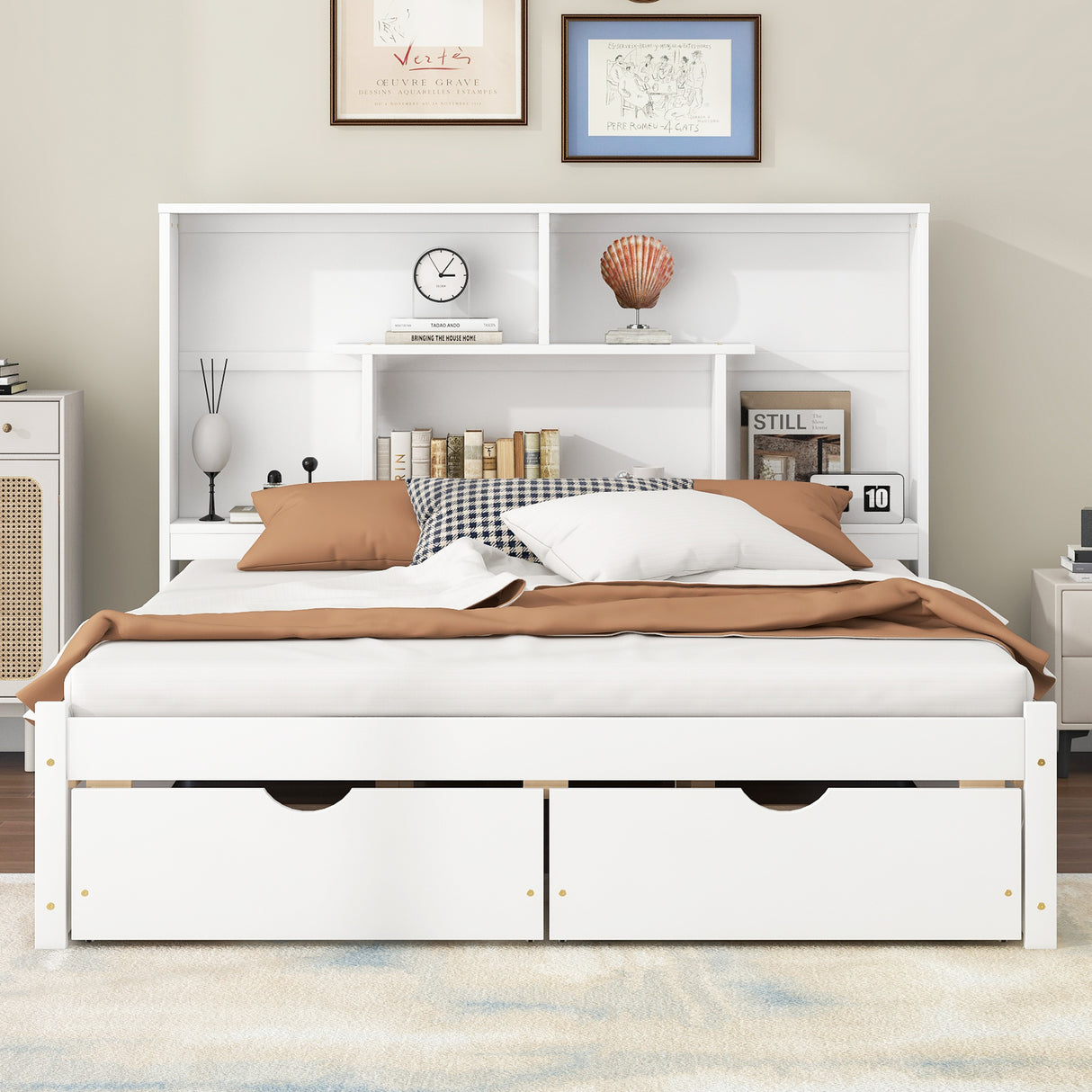 Queen Size Platform Bed with Storage Headboard and 2 Drawers, White - V.I.P Digital Presence
