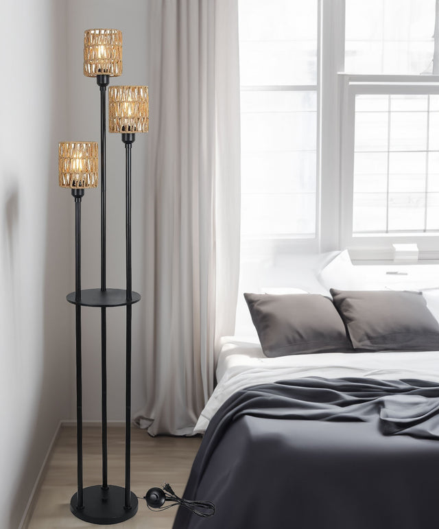 Boho Floor Lamp with Shelves 3-Lights Farmhouse Tall Floor Lamp with ON/OFF Foot Switch Rustic Standing Lamp with Rattan Shades - V.I.P Digital Presence