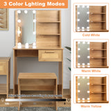Vanity Desk Set Stool & Dressing Table with LED Lighting Mirror Drawer and Wood Cosmetic Table Chest of Drawers Nature Color - V.I.P Digital Presence