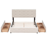 Upholstered Platform Bed with Classic Headboard and 4 Drawers No Box Spring Needed Linen Fabric Queen Size Beige - V.I.P Digital Presence