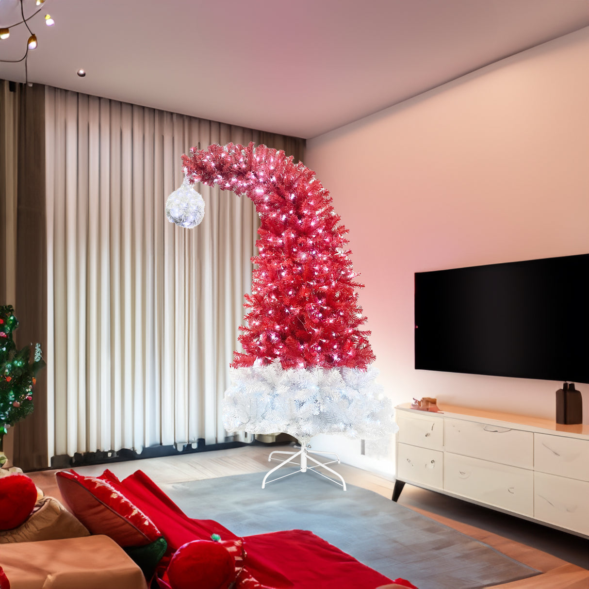 6FT hinge fir artificial fir curved top Christmas tree, bendable, 1250 lush branch hints, 300 LED Christmas lights - V.I.P Digital Presence