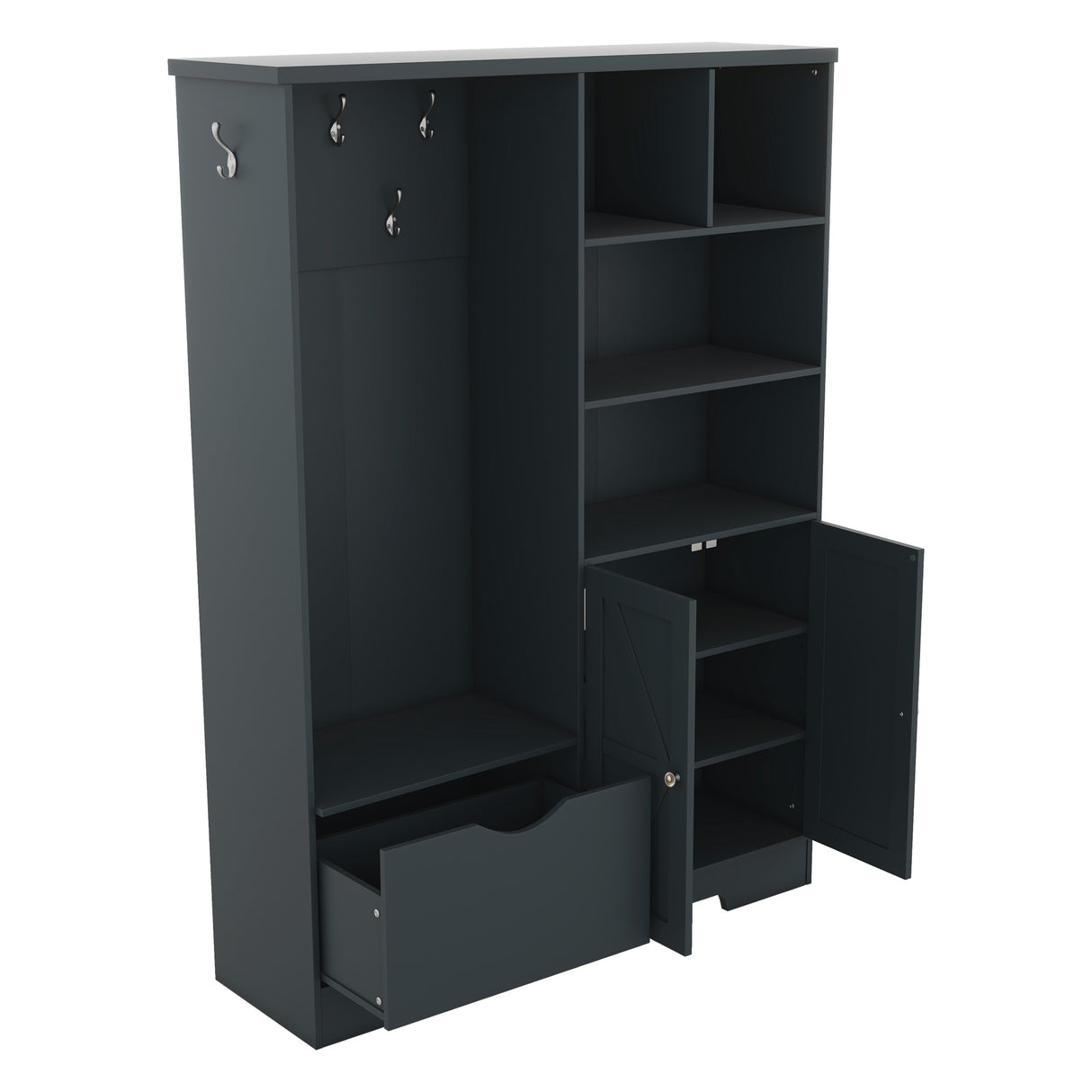 Multi-functional Hall Tree with Storage Shelves Drawers and Cabinet, Elegant Hallway Shoe Cabinet with Bench Antique Blue - V.I.P Digital Presence
