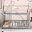 Twin Size Floor Wooden Bed with House Roof Frame, Fence Guardrails,Grey - V.I.P Digital Presence