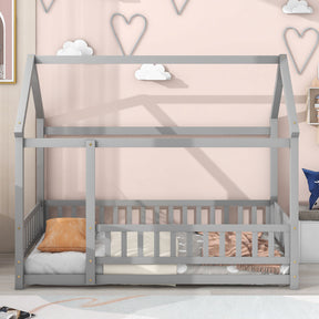 Twin Size Floor Wooden Bed with House Roof Frame, Fence Guardrails,Grey - V.I.P Digital Presence