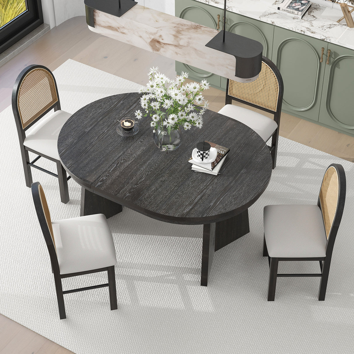 TREXM 5-piece retro functional cutlery set with 1 expandable dining table and 4 cushioned chairs with rattan backrests (espresso - V.I.P Digital Presence