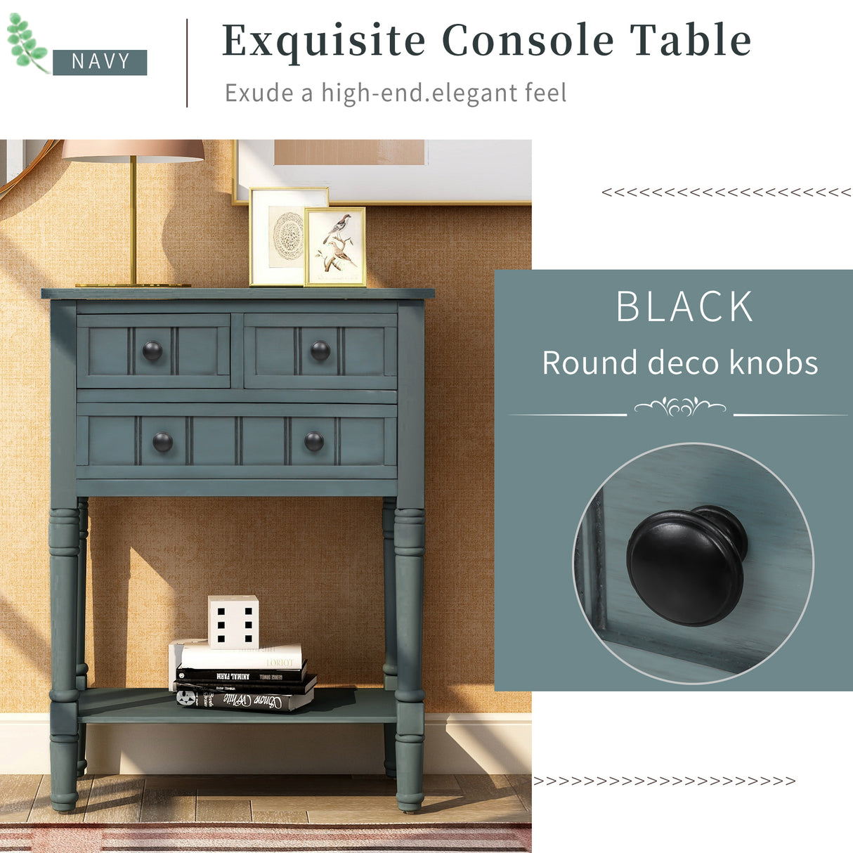 TREXM Narrow Console Table, Slim Sofa Table with Three Storage Drawers and Bottom Shelf for Living Room, Easy Assembly (Navy) - V.I.P Digital Presence