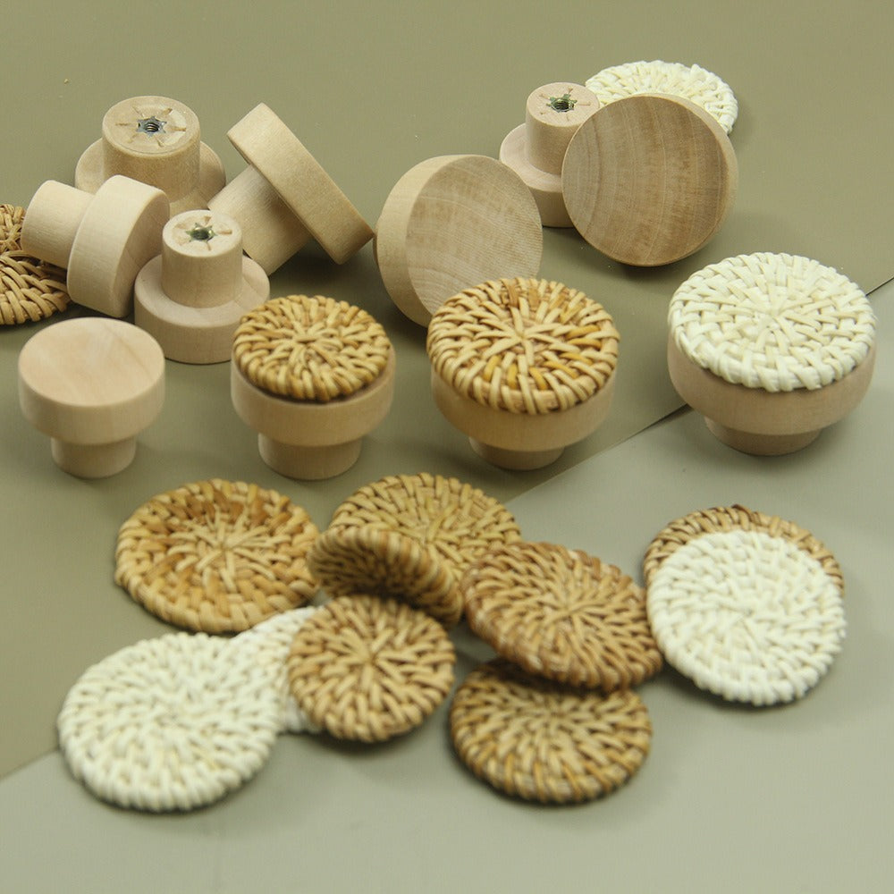 Vine woven circular cake wooden handle cabinet door rattan woven wooden handle single hole raw wood color handle - V.I.P Digital Presence