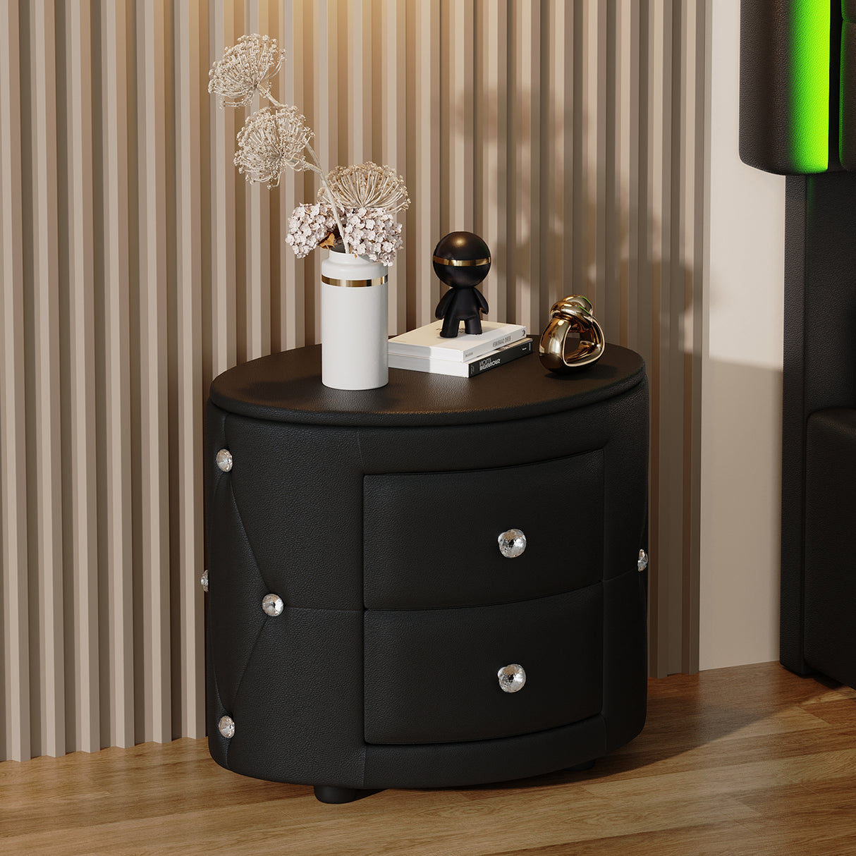 Elegant PU Nightstand with 2 Drawers and Crystal Handle,Fully Assembled Except Legs&Handles,Storage Bedside Table - Black - V.I.P Digital Presence