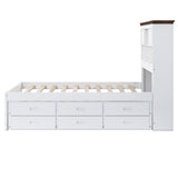 Solid Pine Captain Bookcase Bed with Trundle Bed and 3 Spacious Under Bed Drawers in Casual,Full, White+Walnut - V.I.P Digital Presence