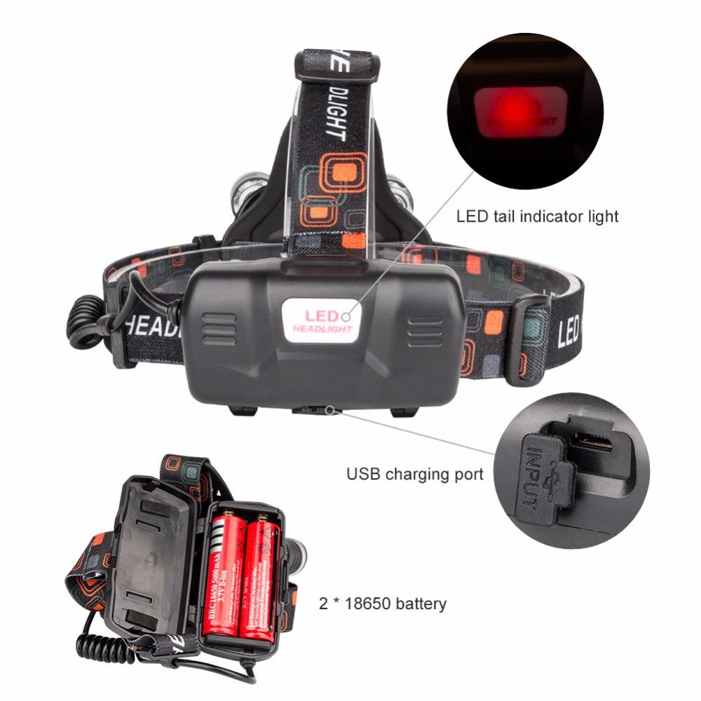 Linterna frontal XML T6 de 12000 lúmenes con 3 LED, 4 modos, 2 baterías 18650 y cargador USB 