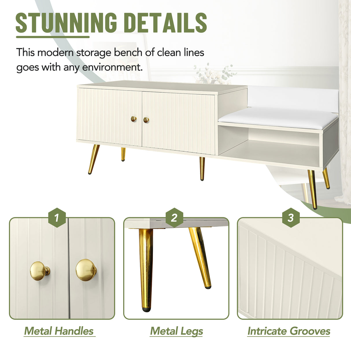 Modern Shoe Storage Bench with Hidden Storage and Upholstered Cushions for Bedside, Living Room and Entryway ((Antique White) - V.I.P Digital Presence