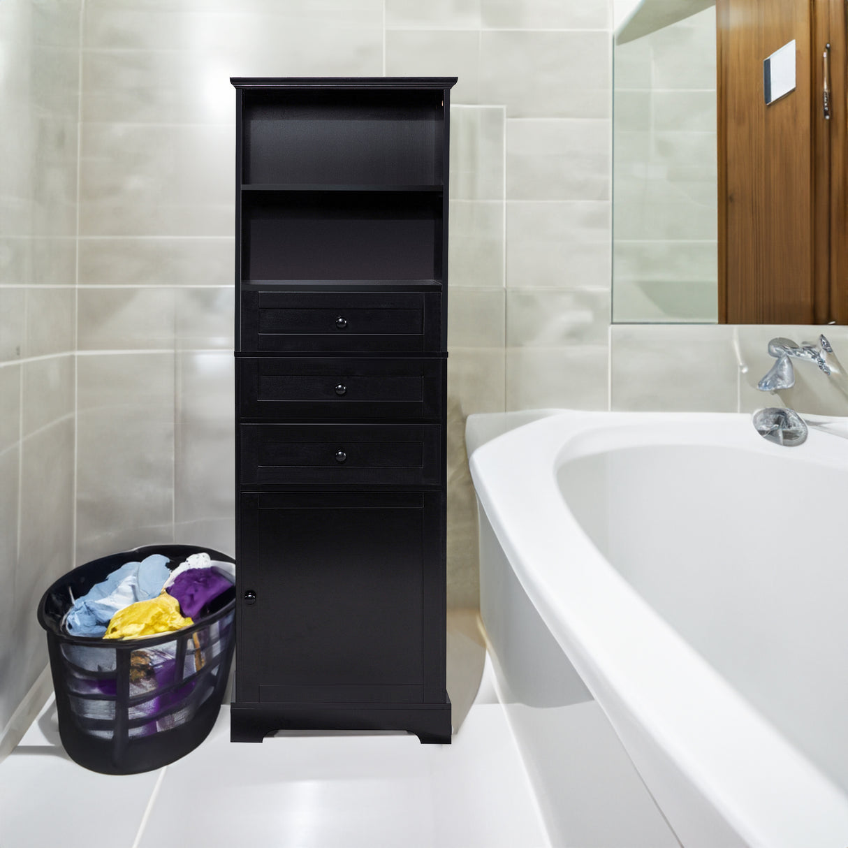 Black high storage cabinet with 3 drawers and adjustable shelves, MDF board painted - V.I.P Digital Presence