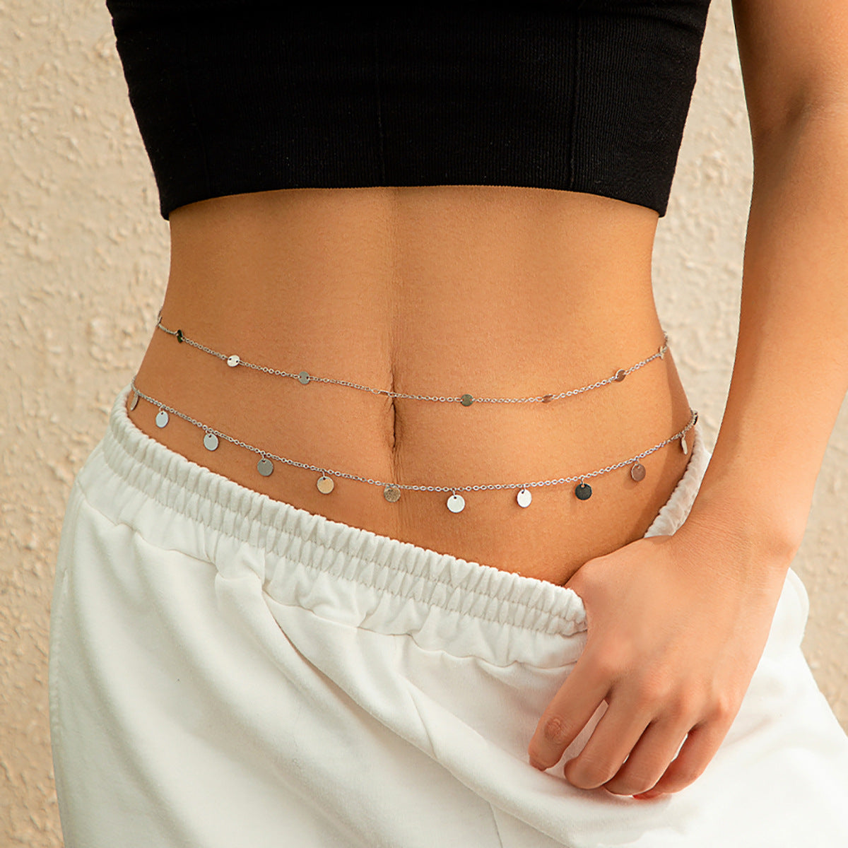 Double layered waist chain, geometric sequins, waist chain, beach party, imitation pearl body chain, fashionable - V.I.P Digital Presence
