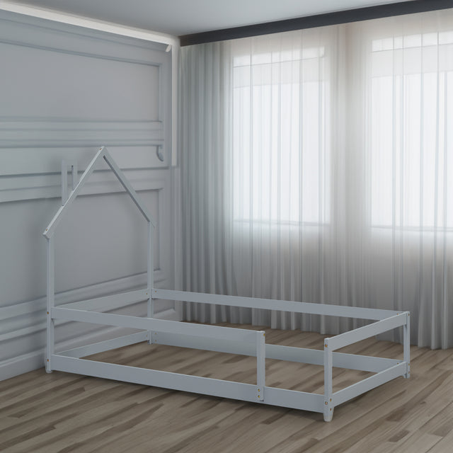 Twin Size Wood bed with House-shaped Headboard Floor bed with Fences,Grey - V.I.P Digital Presence
