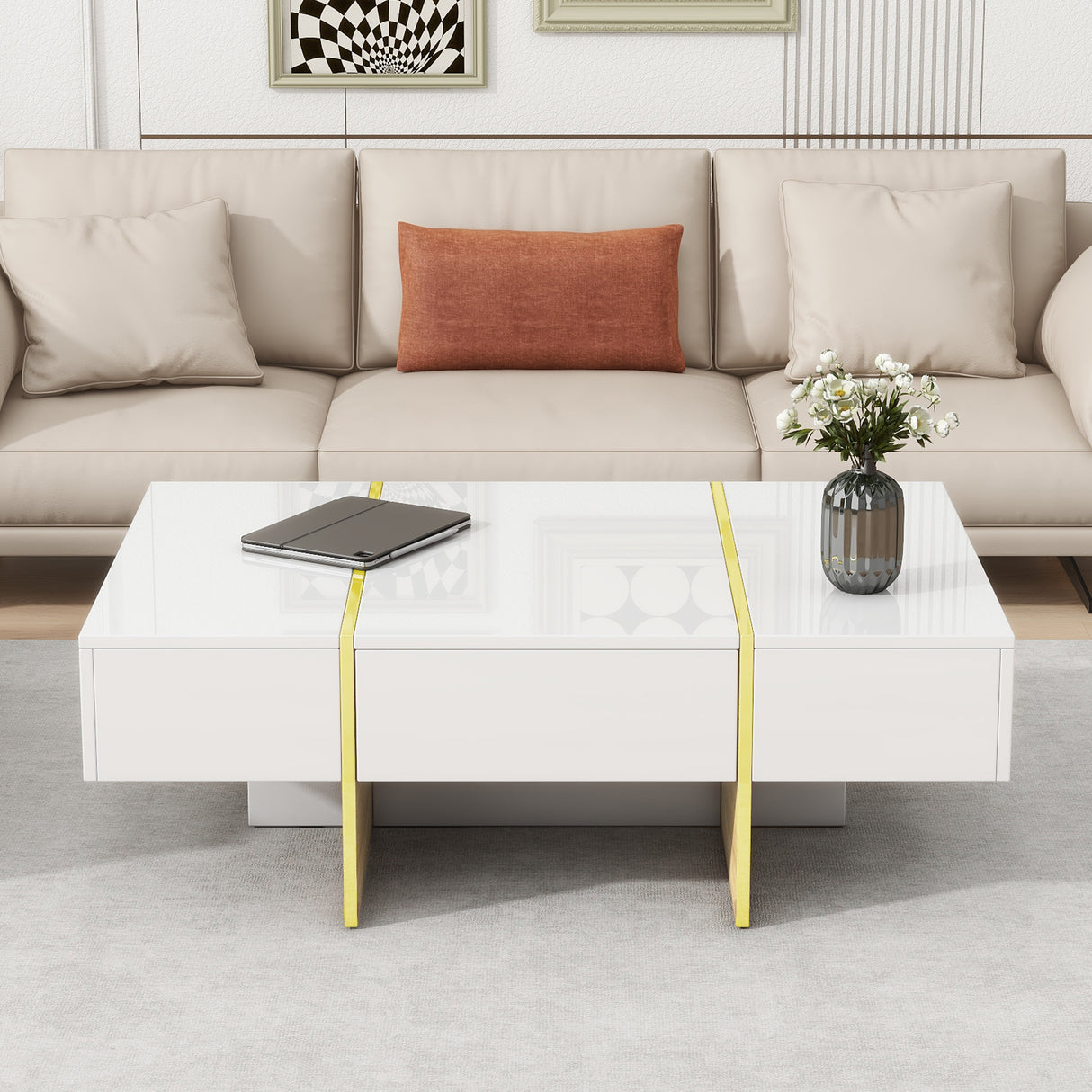 ON-TRANS 47.2 inch x 31.4 inch multifunctional rectangular sofa table with 2 drawers and gold wood grain leg center table, white - V.I.P Digital Presence