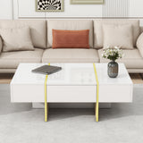 ON-TRANS 47.2 inch x 31.4 inch multifunctional rectangular sofa table with 2 drawers and gold wood grain leg center table, white - V.I.P Digital Presence