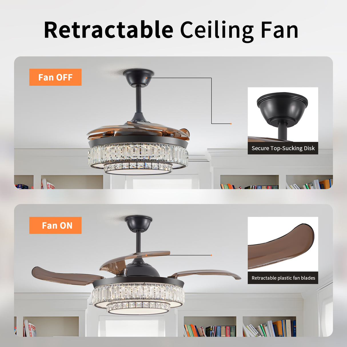 Modern LED retractable ceiling fan with lighting and remote control, silent reversible motor, 4-blade modern ceiling fan - V.I.P Digital Presence