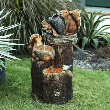 Solar resin duck garden fountain with LED squirrel design, outdoor decor (E2). - V.I.P Digital Presence