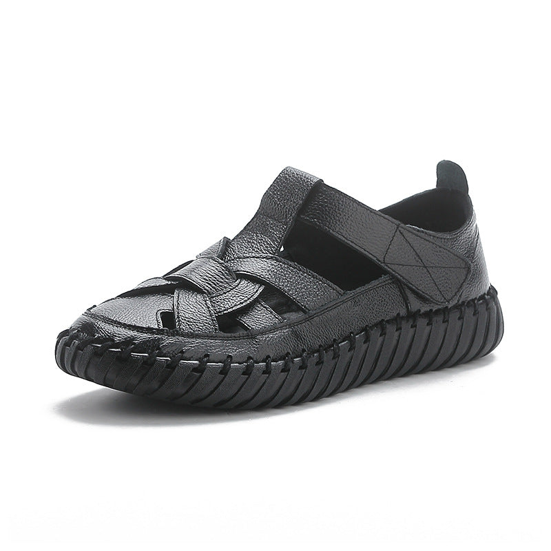 Leather perforated shoes with hollowed out toe caps for women soft soled non slip flat sandals for women - V.I.P Digital Presence