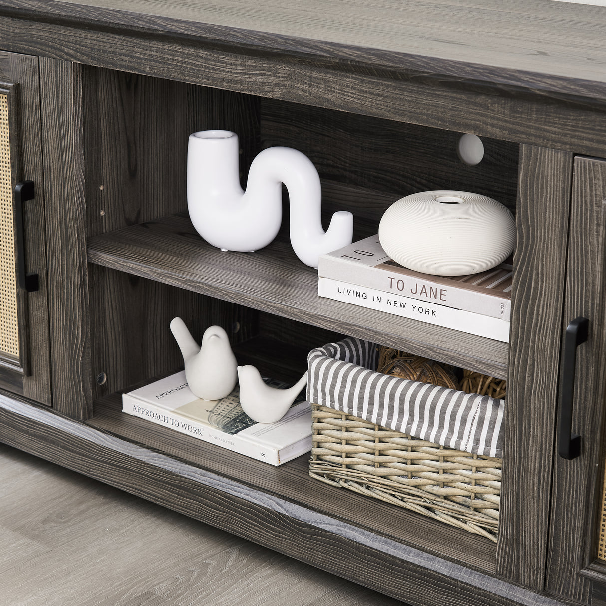 Vine TV stand console table, suitable for TVs under 70 inches, equipped with 2 storage shelves and 2 natural rattan doors, gray - V.I.P Digital Presence