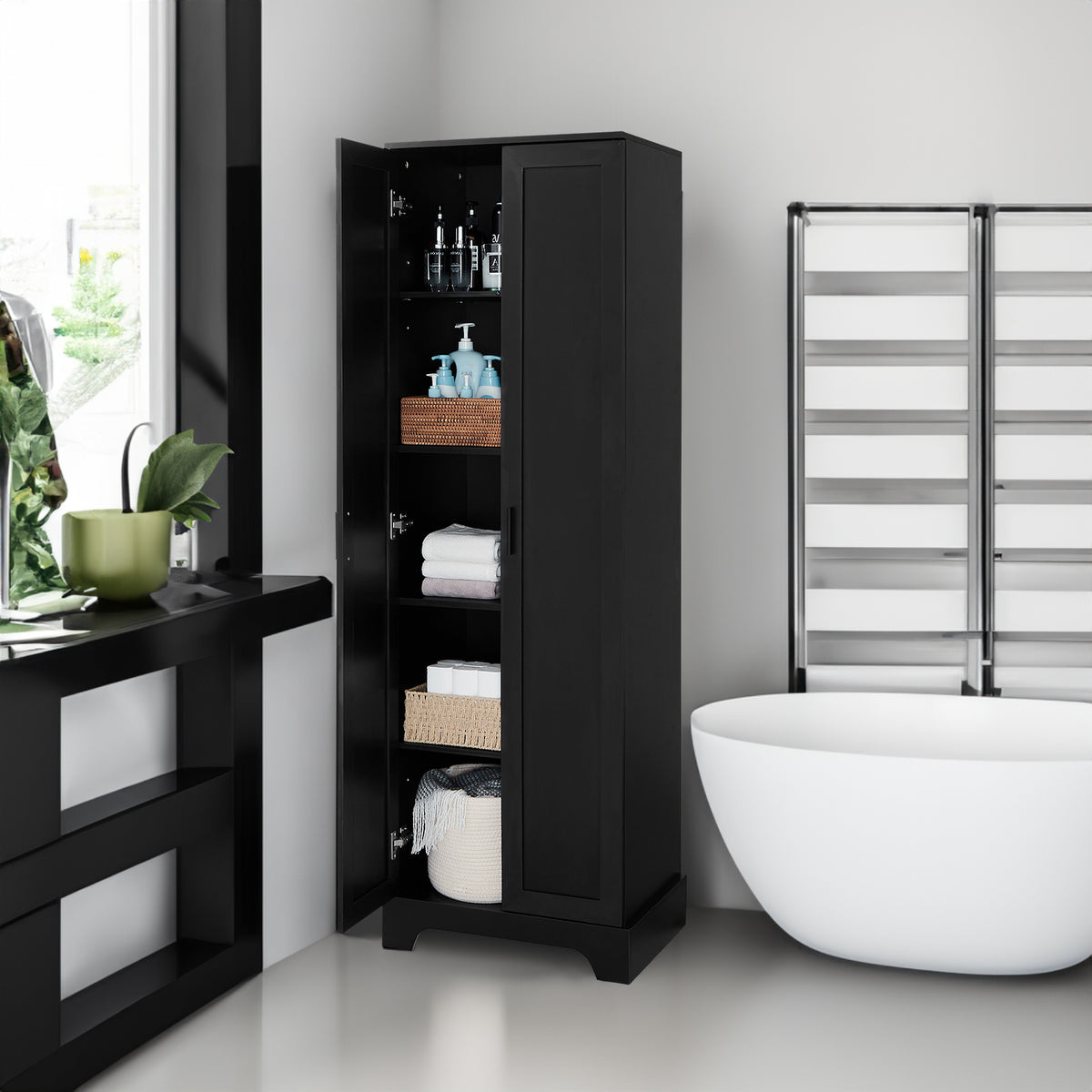Storage Cabinet with Two Doors for Bathroom, Office, Adjustable Shelf, MDF Board, Black - V.I.P Digital Presence