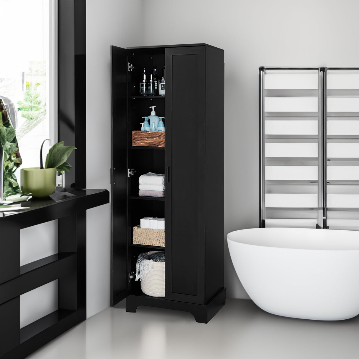 Storage Cabinet with Two Doors for Bathroom, Office, Adjustable Shelf, MDF Board, Black - V.I.P Digital Presence
