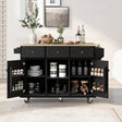 Kitchen trolley with rubber wood leaf countertop, 5-wheel kitchen island, storage cabinet and 3 dining drawers, black - V.I.P Digital Presence