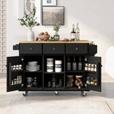 Kitchen trolley with rubber wood leaf countertop, 5-wheel kitchen island, storage cabinet and 3 dining drawers, black - V.I.P Digital Presence