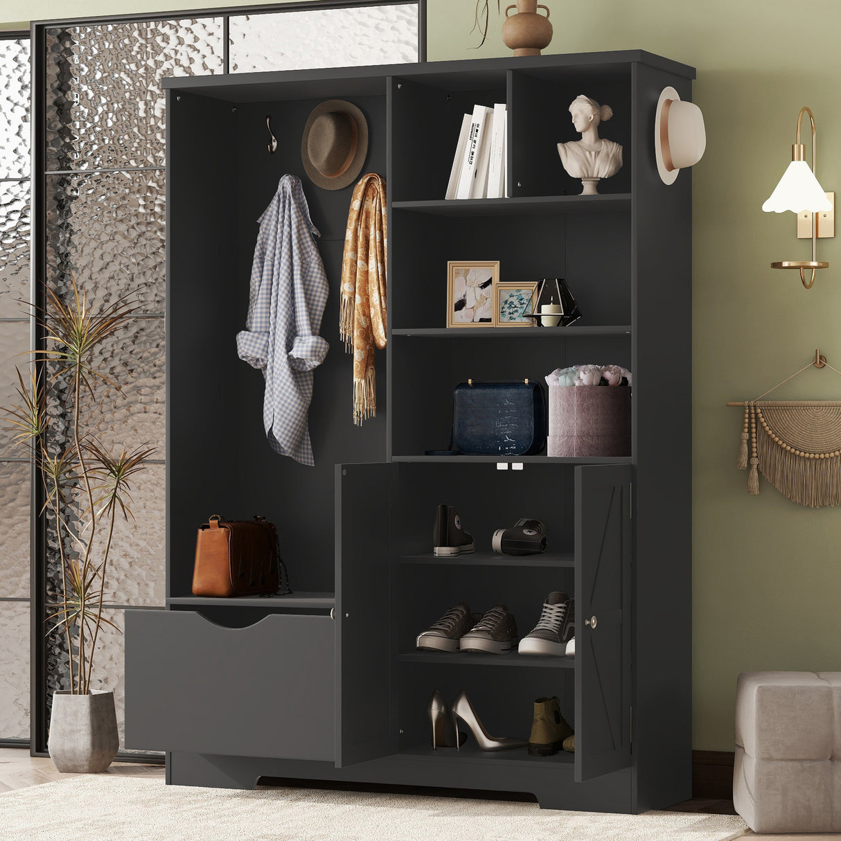 Multi-functional Hall Tree with Storage Shelves Drawers and Cabinet, Elegant Hallway Shoe Cabinet with Bench Modern Black - V.I.P Digital Presence