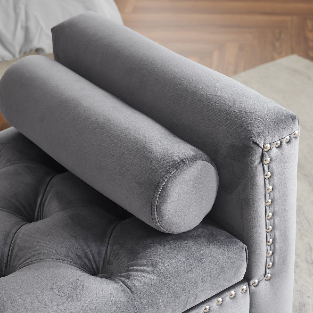 Storage Bench, 44.5-Inch Queen Velvet Button Bedside Bench, Entryway Living Room with Armrests, Nailhead Trim Gray - V.I.P Digital Presence