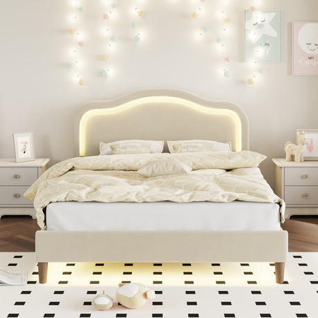 Full Size Velvet Upholstered Smart LED Bed Frame with Adjustable Height Headboard,No Box Spring Needed,Easy Assembly,Beige - V.I.P Digital Presence