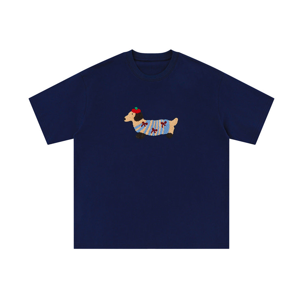 Sausage Dog Flocking Embroidery Short Sleeve T-Shirt Unisex INS Casual Loose Pure Cotton Top Summer Tee Street Fashion - V.I.P Digital Presence