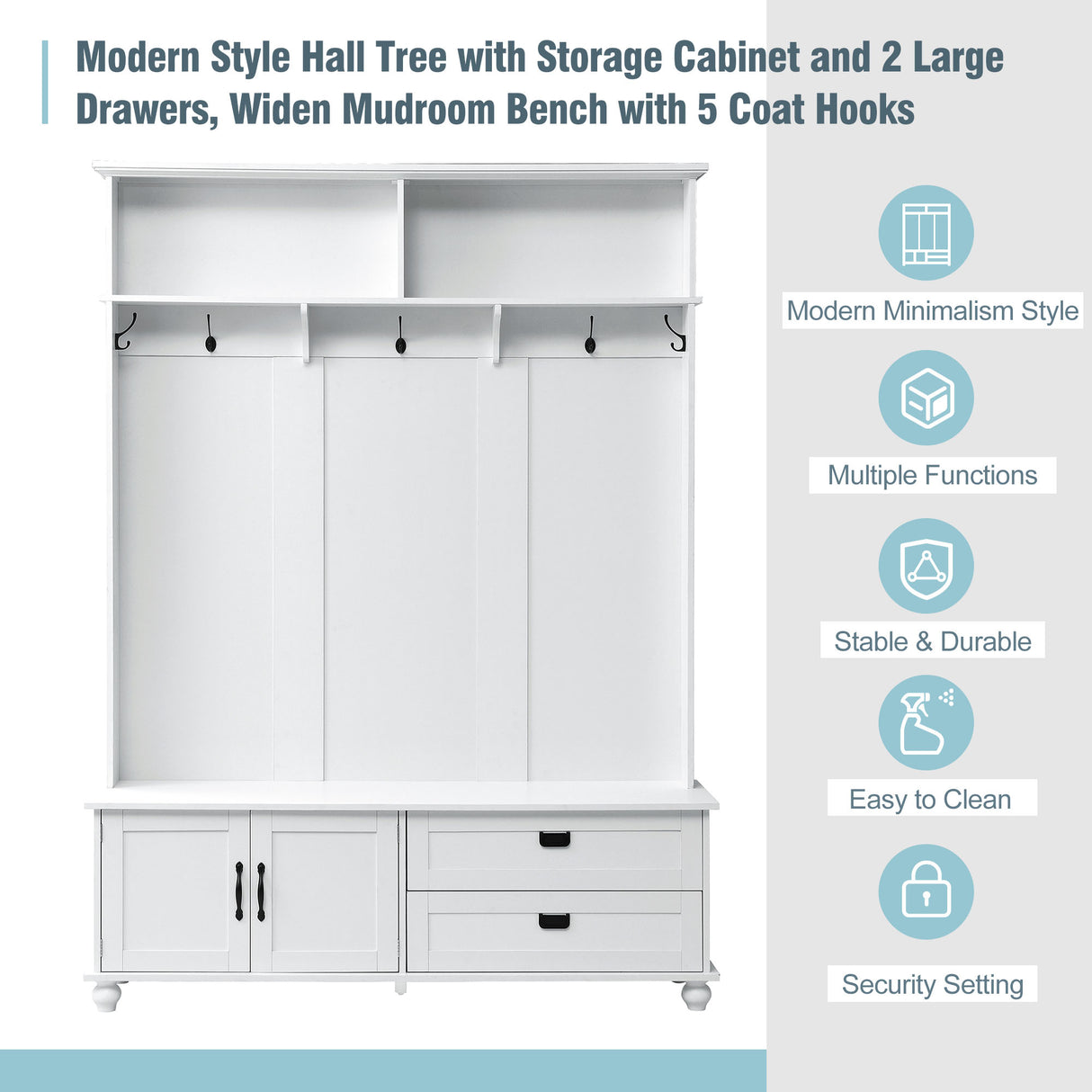 ON-TREND Modern Style Hall Tree with Storage Cabinet and 2 Large Drawers, Widen Mudroom Bench with 5 Coat Hooks, White - V.I.P Digital Presence