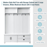 ON-TREND Modern Style Hall Tree with Storage Cabinet and 2 Large Drawers, Widen Mudroom Bench with 5 Coat Hooks, White - V.I.P Digital Presence