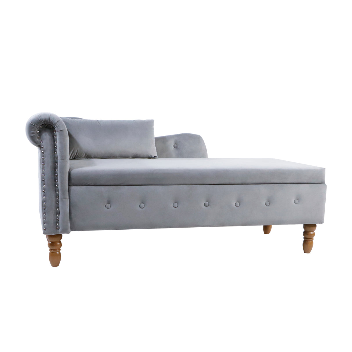 Grey Chaise Lounge Indoor Velvet Lounge Chair for Bedroom with Storage & Pillow Modern Upholstered Rolled Arm Chase Lounge - V.I.P Digital Presence